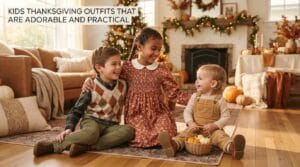 Three happy children wearing classic, comfortable holiday outfits in a decorated home.