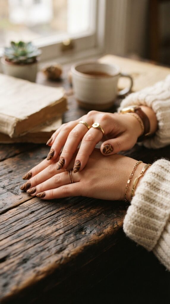Matte chocolate brown manicure featuring warm ochre retro swirl accents for autumn.