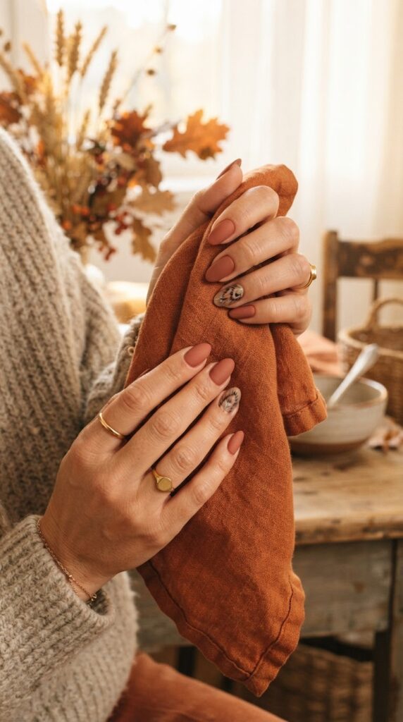 Muted terracotta nails featuring hand painted turkey feather line work for fall manicures.