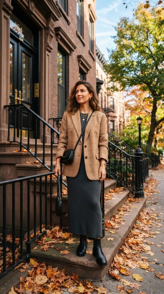 Thanksgiving Outfits Under $40 That Still Feel Special 13 Woman wearing an oversized plaid blazer over a knit column dress.