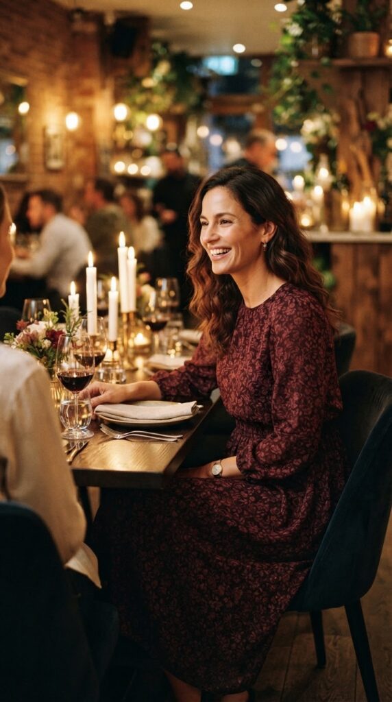 Host wearing a dark floral midi dress pouring beverages at dinner table.