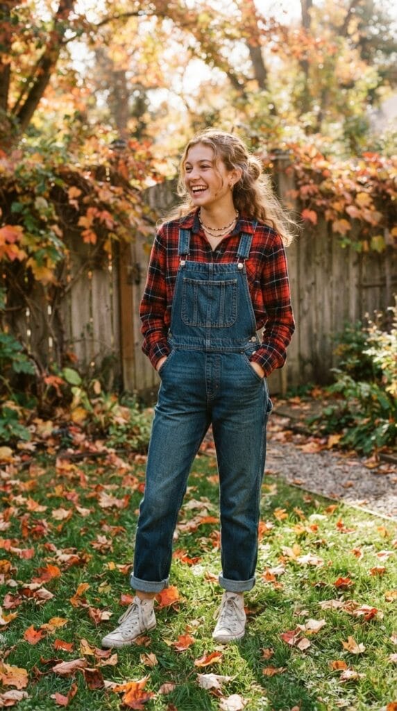 A teen girl wearing a red plaid flannel shirt and dark-wash denim overalls.