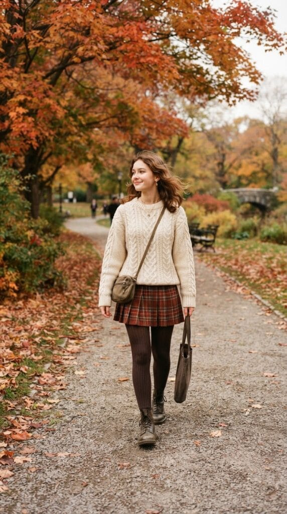 A teenage girl walking in a cream cable-knit sweater and plaid pleated skirt.