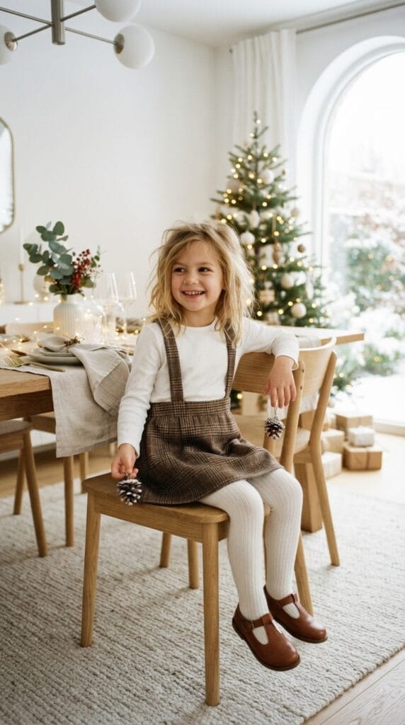 Kids Thanksgiving Outfits That Are Adorable and Practical 9 Young girl wearing brown plaid suspender skirt and white long sleeve shirt standing indoors.