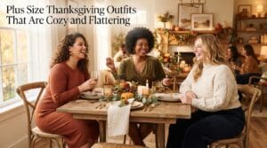 Three plus-size women styling distinct comfortable fall looks in a warm holiday dining room.