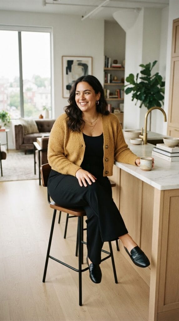 Plus-size black ponte wide-leg trousers paired with a cropped mustard-yellow cardigan.
