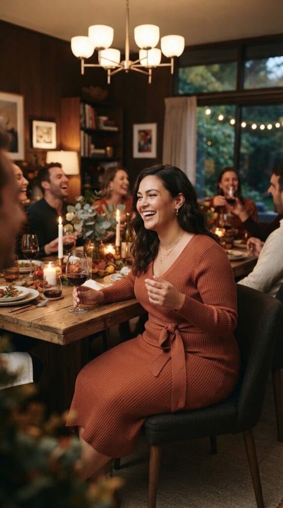 Plus-size terracotta rib-knit midi dress with an adjustable tie-waist in a dining room.