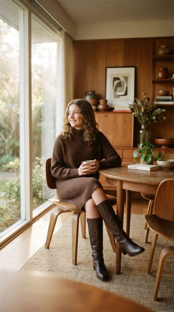 A teenage girl wearing a chocolate brown ribbed knit sweater dress and brown leather boots.