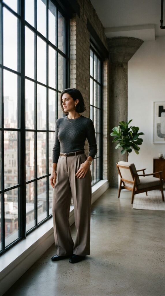 Thanksgiving Outfits Under $40 That Still Feel Special 10 Woman wearing a charcoal top and flowing taupe wide-leg trousers.