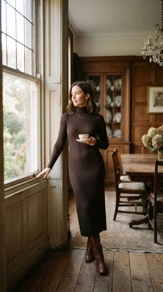 Thanksgiving Outfits Under $40 That Still Feel Special 2 Woman wearing a brown ribbed knit turtleneck midi dress in a historic room.