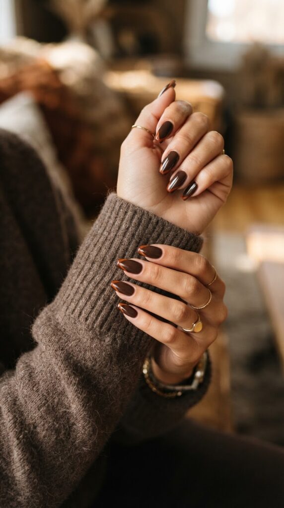 Dark espresso brown nails featuring crisp geometric burnt orange French tips for Thanksgiving.