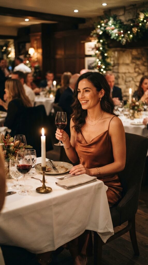 Thanksgiving Outfits Under $40 That Still Feel Special 14 Woman wearing a copper satin cowl neck slip dress at dinner.