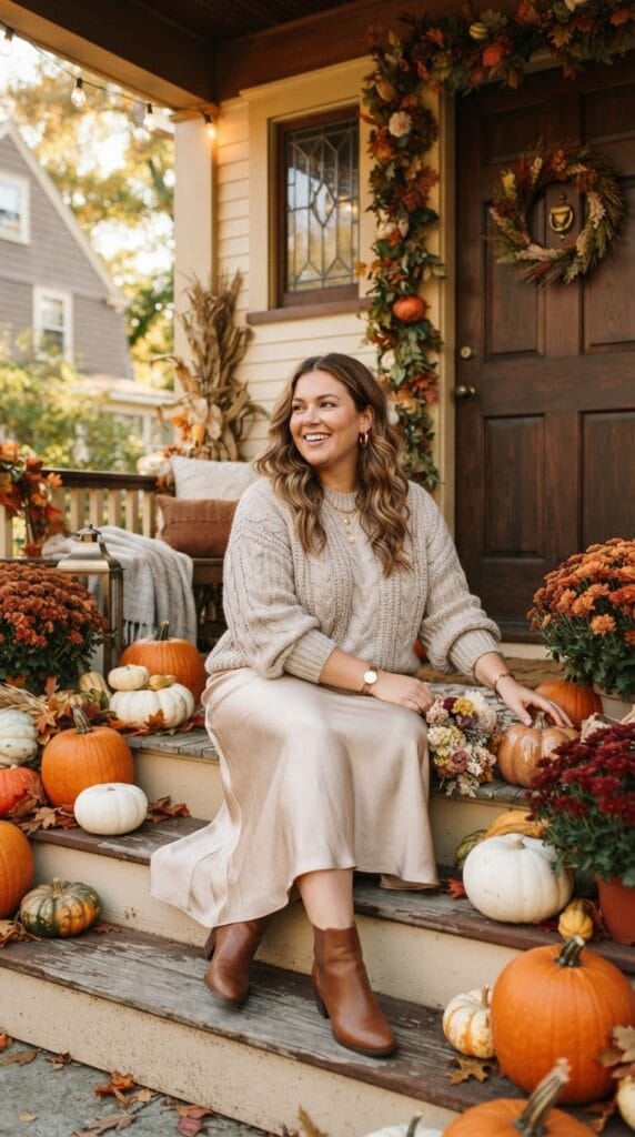Plus-size champagne satin midi slip skirt paired with an oversized oatmeal cable-knit sweater.
