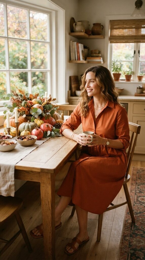 Host wearing a rust orange cotton poplin dress in a kitchen setting.