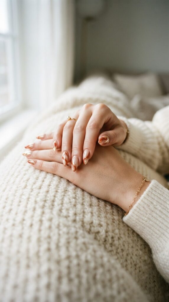 Sheer nude gel nails featuring soft burnt sienna marble swirl detailing for Thanksgiving.