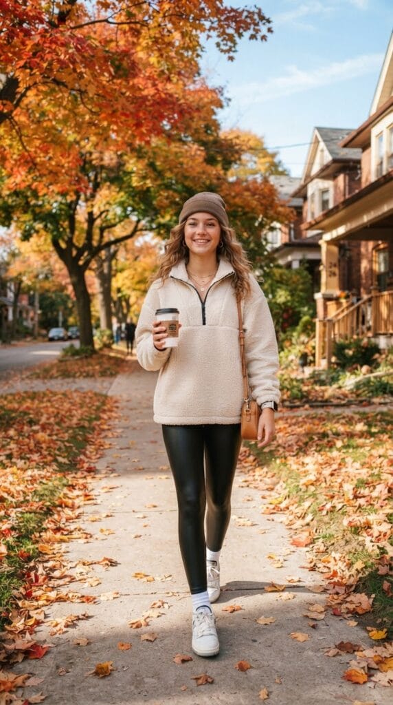 A teen wearing an oversized cream sherpa pullover and black faux leather leggings.