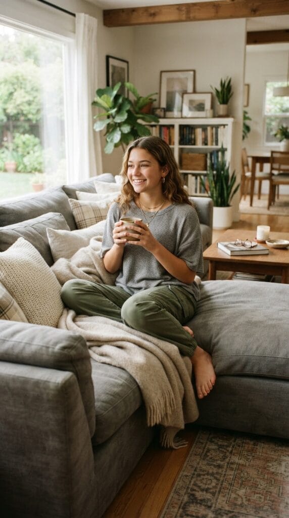 A teen girl wearing a gray waffle-knit shirt and olive green cargo pants.
