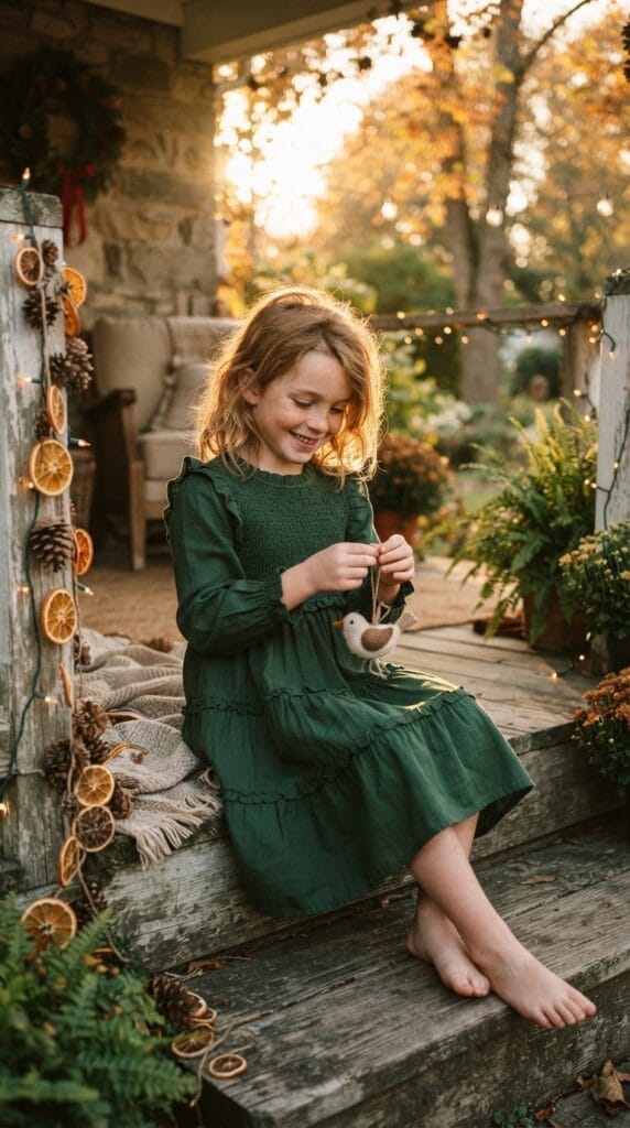 Kids Thanksgiving Outfits That Are Adorable and Practical 3 Young girl in forest green smocked cotton dress standing on rustic wooden porch.