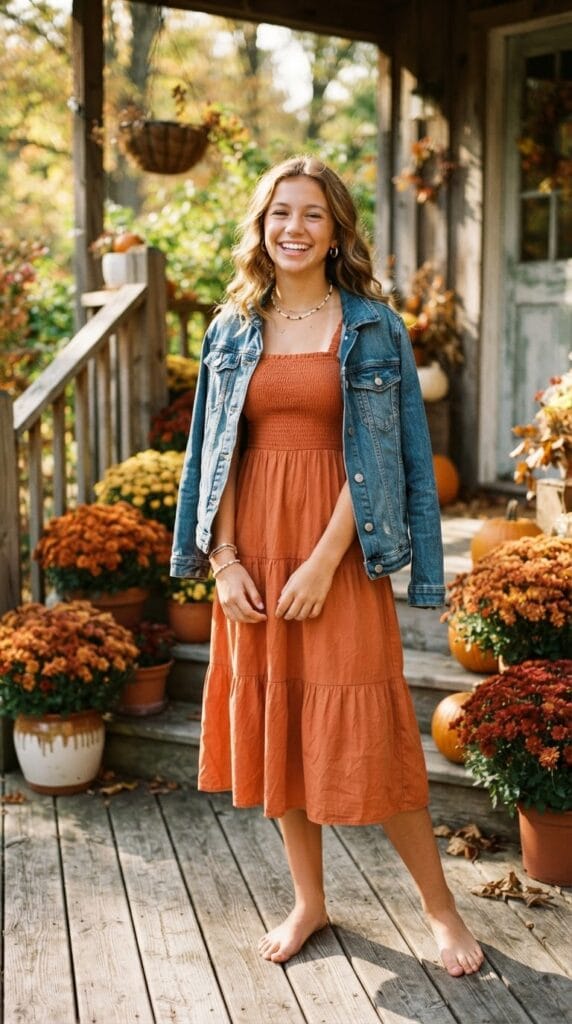 A teen girl in a terracotta smocked dress and blue denim jacket.