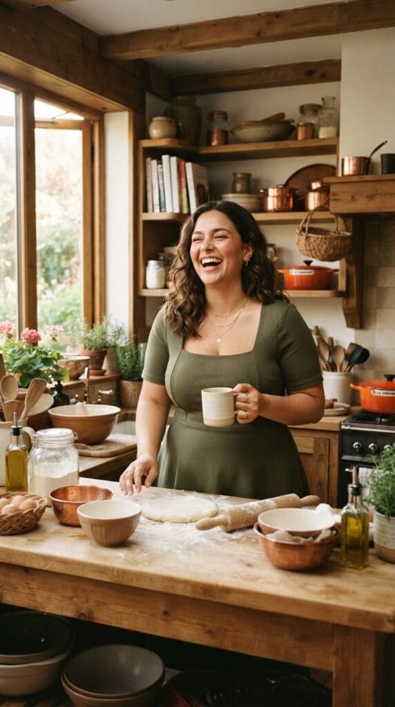 Plus-size olive-green stretch ponte A-line dress with a square neckline in a kitchen setting.