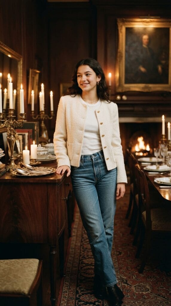 A teen girl wearing a cream bouclé jacket and straight-leg blue jeans.