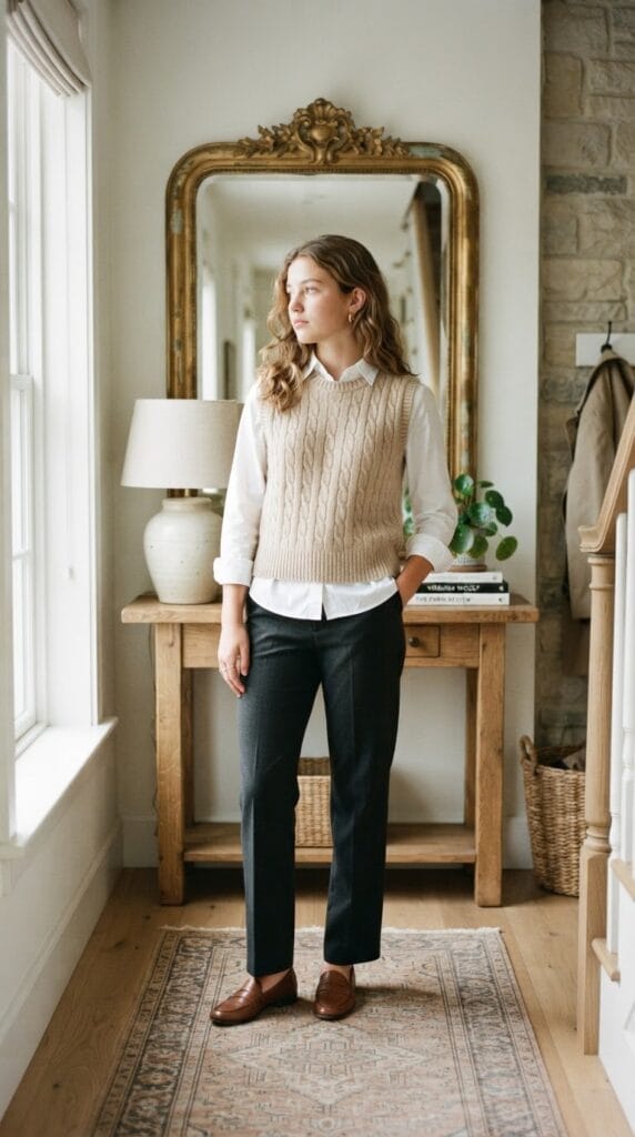 A teenage girl wearing a beige cable-knit sweater vest over a white shirt.