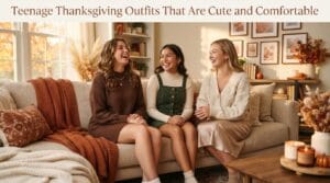 Three teenage girls sitting together on a sofa wearing stylish, comfortable autumn outfits.
