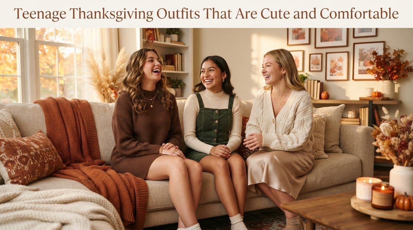 Three teenage girls sitting together on a sofa wearing stylish, comfortable autumn outfits.