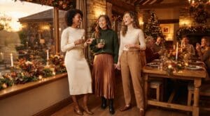 Three women in stylish, comfortable autumn outfits in a warm dining room.