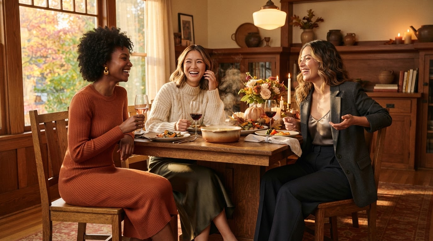 Thanksgiving Outfits Under $40 That Still Feel Special 1 Three models laughing in a warm craftsman dining room wearing affordable autumn knitwear and trousers.