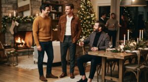 Grid of men wearing comfortable and sharp Thanksgiving outfits in a cozy setting.