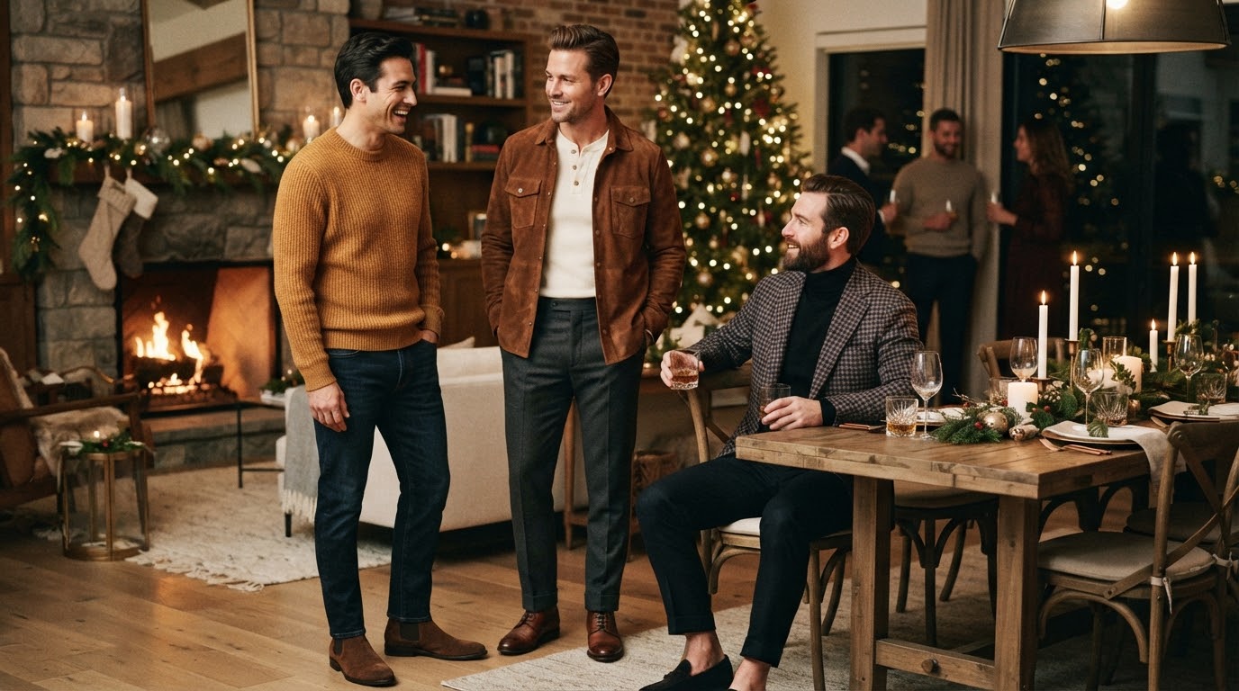 Grid of men wearing comfortable and sharp Thanksgiving outfits in a cozy setting.