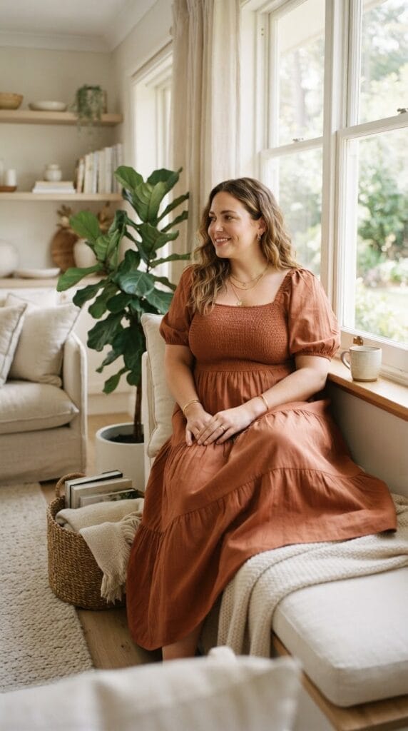 Plus-size rust-colored tiered cotton midi dress with a smocked bodice.