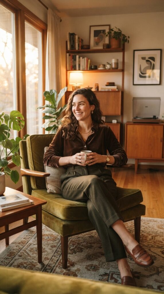 Thanksgiving Outfits Under $40 That Still Feel Special 16 Woman wearing a chocolate brown velvet shirt and pleated trousers.