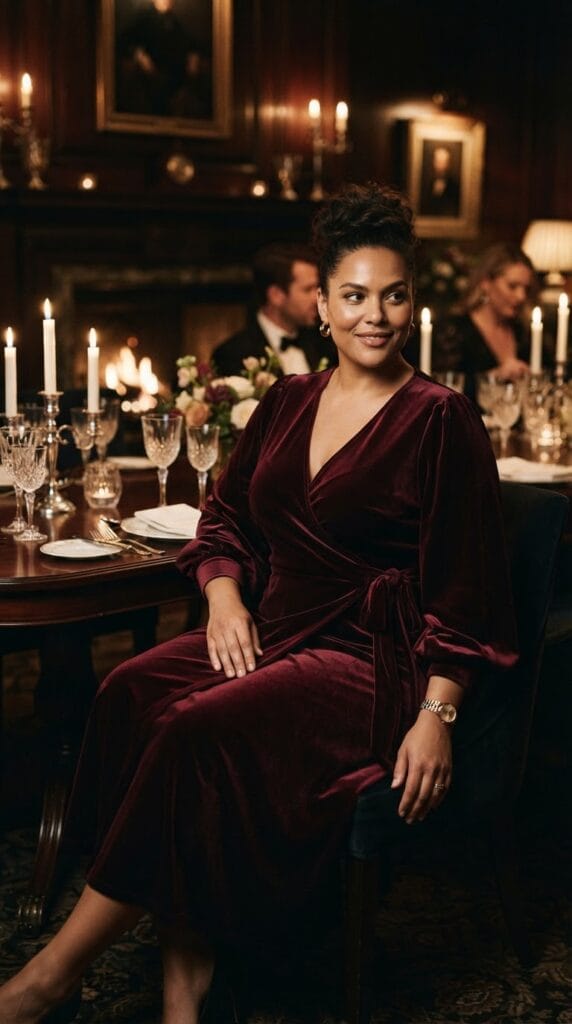 Plus-size burgundy velvet wrap midi dress with bishop sleeves in candlelit dining room.