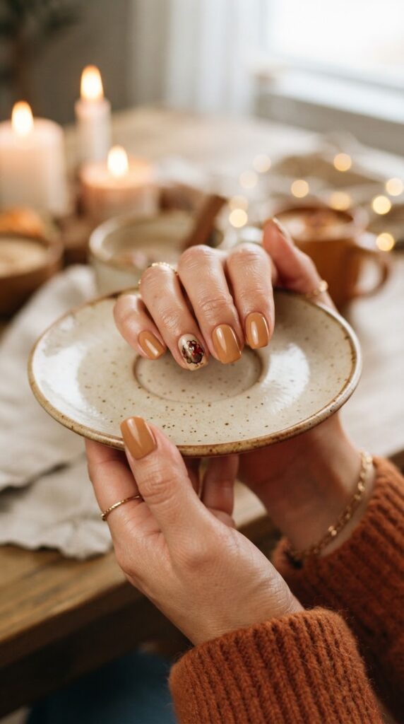 Warm caramel cream nails featuring a subtle hand painted miniature turkey accent design.