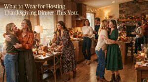 Multiple Thanksgiving host outfits displayed in a warm home setting.