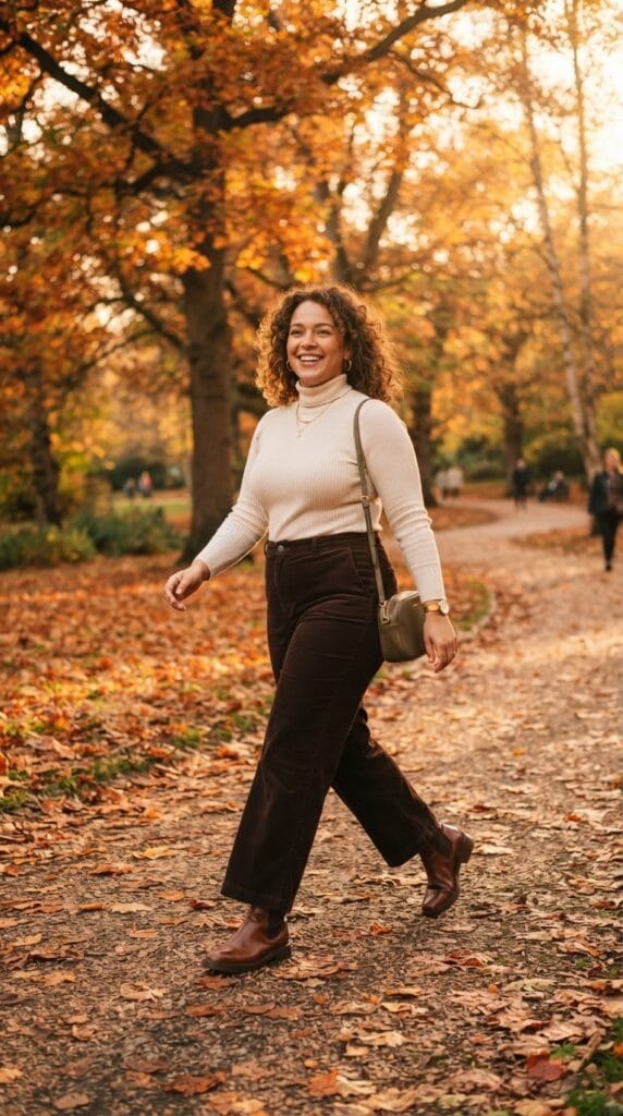 Plus-size wide-leg corduroy pants paired with a fitted cream ribbed turtleneck outdoors.