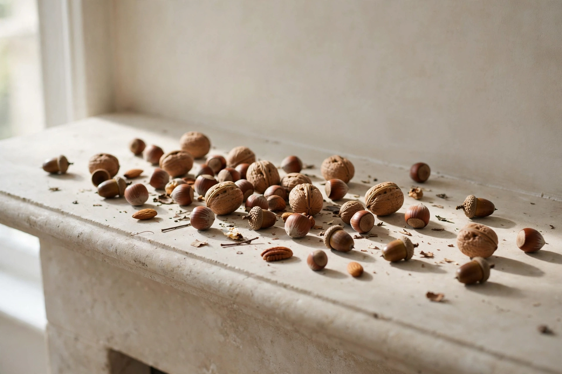 Acorns and nuts scattered naturally around mantel decorations with charm.