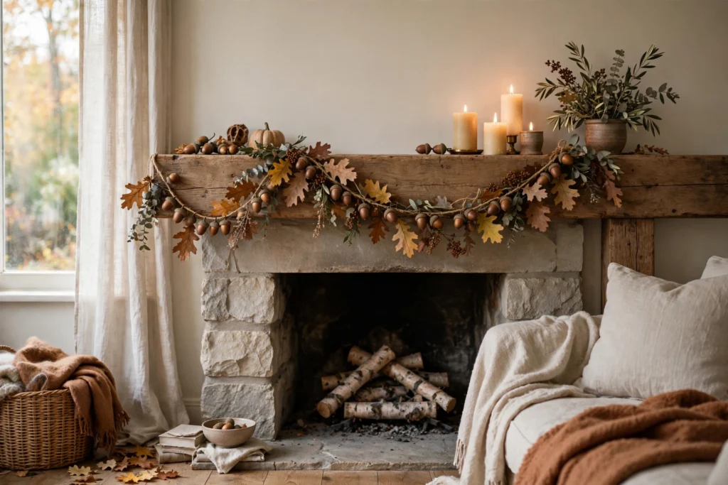 Friendsgiving Decor Ideas for a Fun Festive Party 20 Acorn garland draped across a wooden mantel beside glowing candles in daylight.