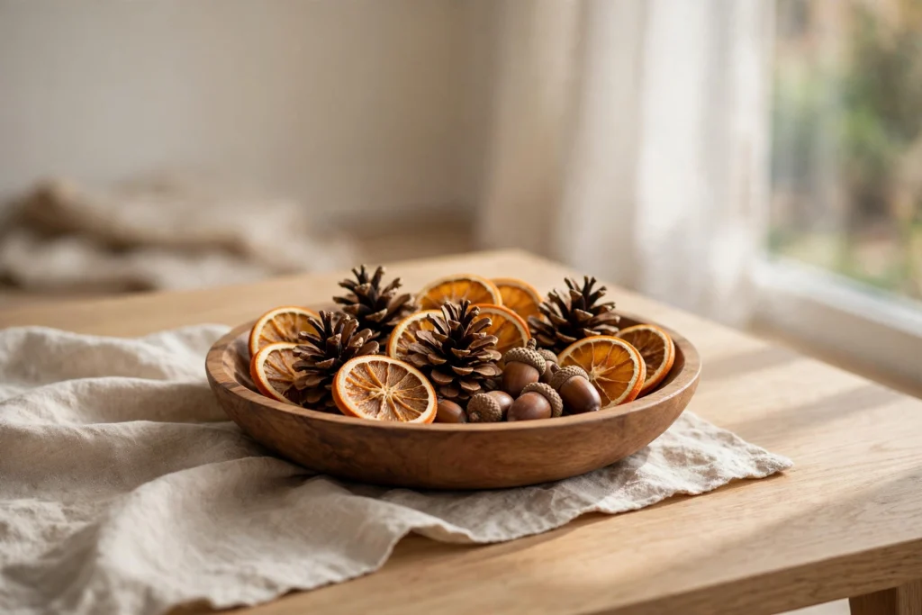 Gratitude and Thankful Themed Decor for Your Thanksgiving Home 13 Wooden bowl of acorns, pinecones, and dried orange slices on a table