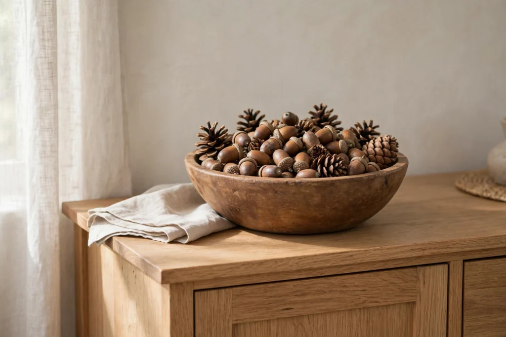 Turkey Day Decor Ideas for a Cozy Festive Home 7 Wooden bowl filled with acorns and pinecones styled on a rustic sideboard.