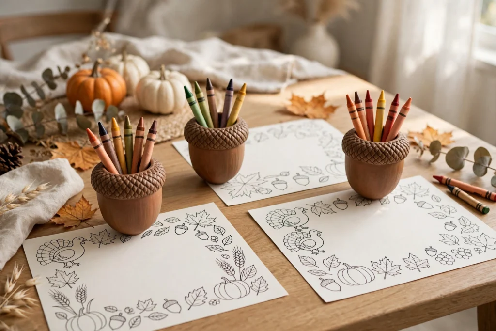 Acorn-shaped cups holding crayons beside coloring placemats on a children's Thanksgiving table