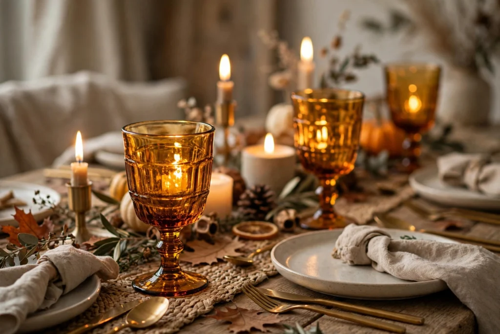Cornucopia Decor Ideas for a Traditional Thanksgiving Table 23 Amber glass goblets catching warm candlelight at set Thanksgiving dinner place settings
