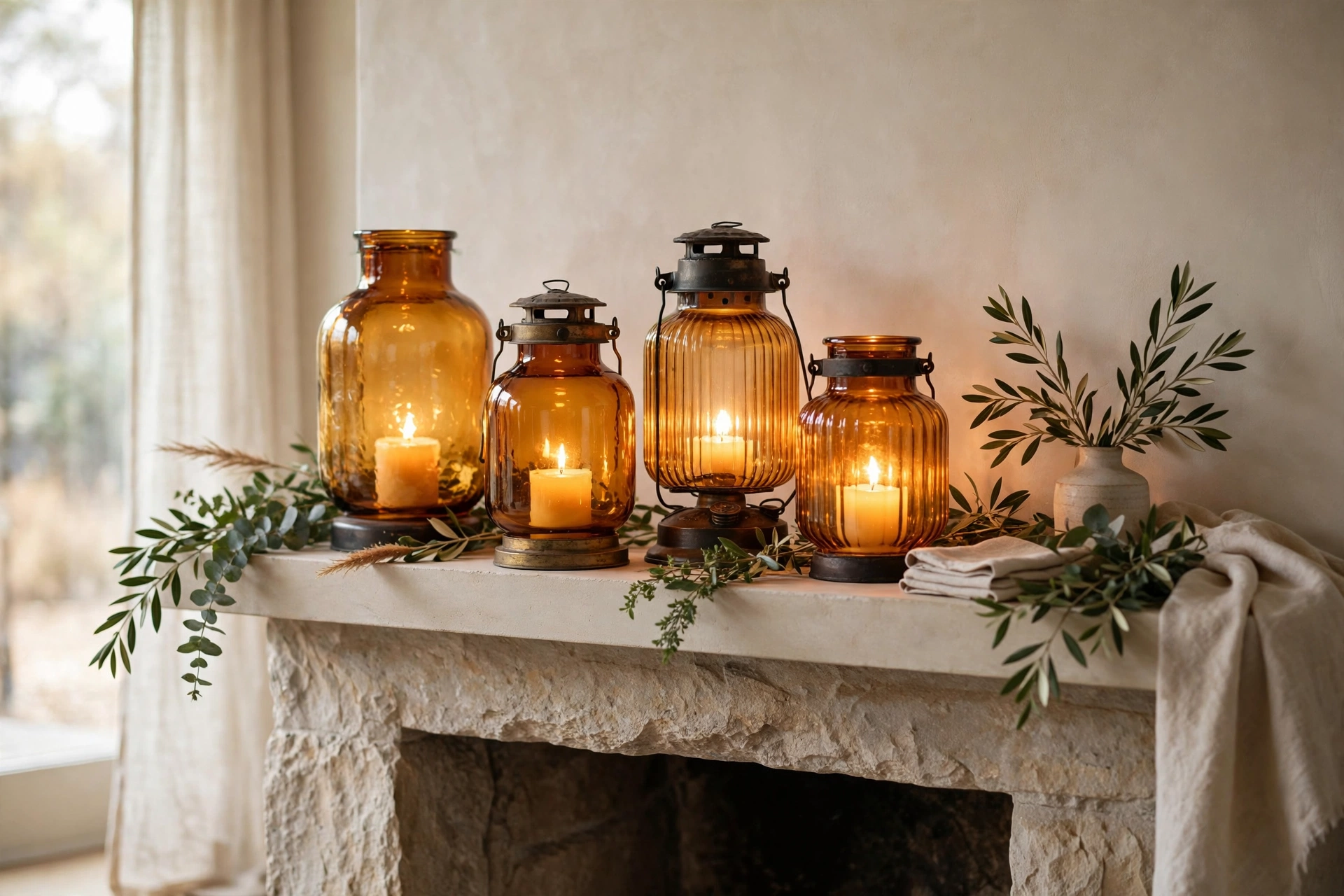 Amber glass lanterns casting warm glow on a cozy fireplace mantel.