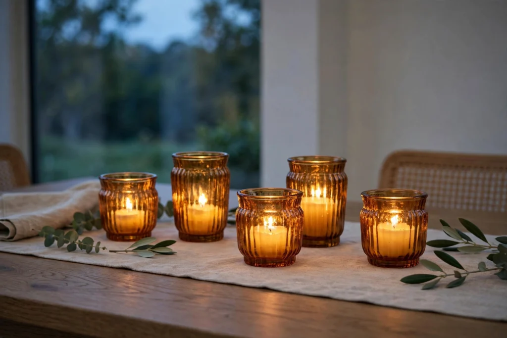 Turkey Day Decor Ideas for a Cozy Festive Home 9 Amber glass votive holders glowing softly across a dining table at dusk.