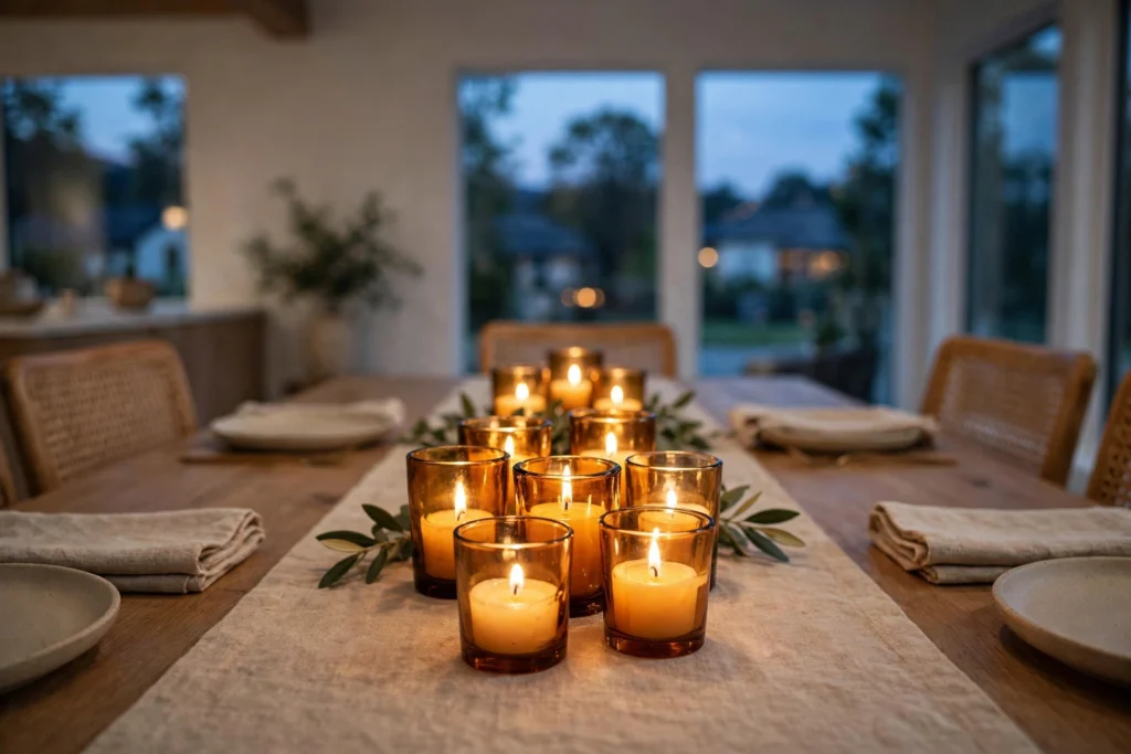 Gratitude and Thankful Themed Decor for Your Thanksgiving Home 6 Glowing amber glass votive holders lined down a dining table center