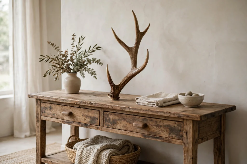 Rustic Thanksgiving Decor for a Warm Cozy Harvest Feel 18 Antler accent piece adding wilderness character to rustic console styling.