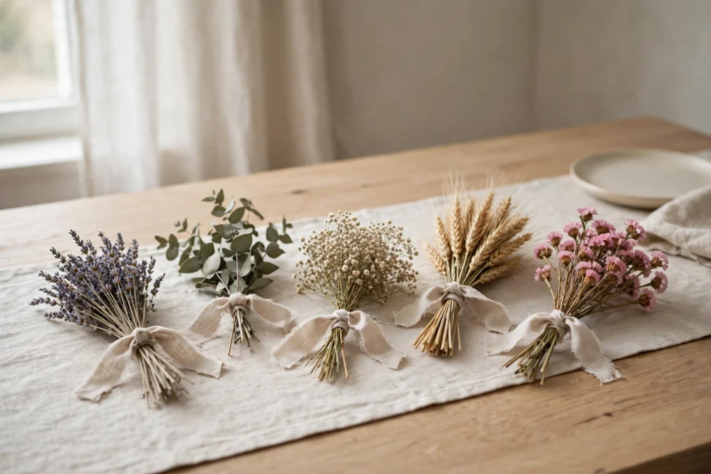 Small dried flower bundles tied with ribbon as mini Thanksgiving centerpieces.