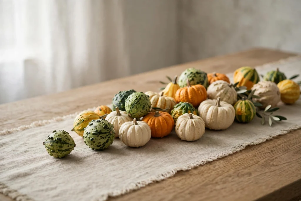 Colorful mini gourd cluster arranged along a beautiful Thanksgiving table runner.